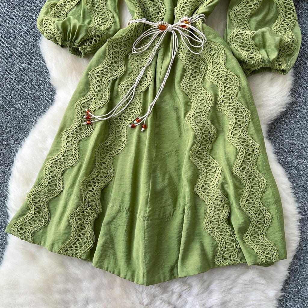 Spring Summer Women V-neck Lantern Sleeve Embroidery Lace Patchwork Chic Dresses With Belt