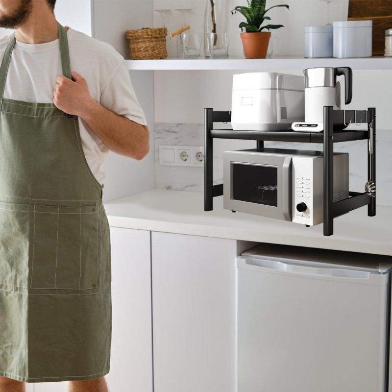 Adjustable Microwave Oven Rack with Hanging Hooks Sturdy Kitchen Counter Storage Portable Carbon Steel Storage Rack
