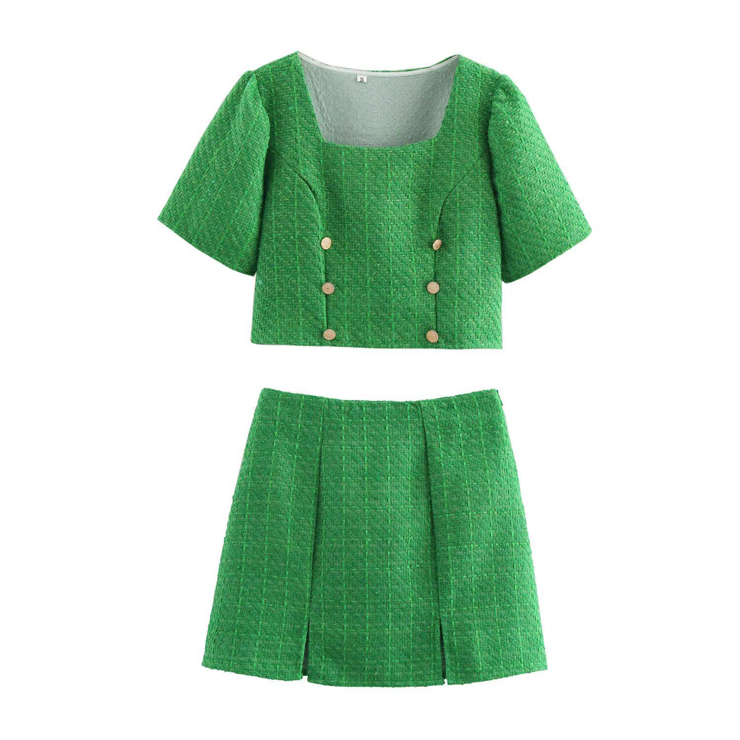 

Весна 2025 Женский Твидовый Короткий Топ с Квадратным Вырезом и Юбка Миди в Европейском и Американском Стиле Small