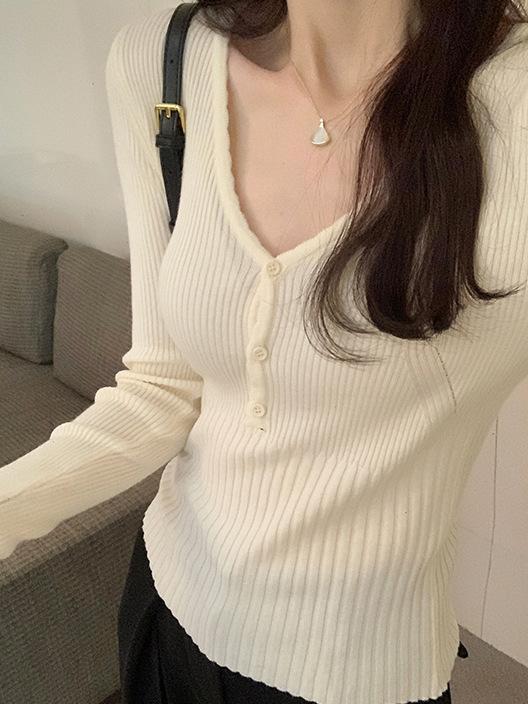 

Sexy Spice Girl Style Slim-fit Skinny Collar Soft Waxy Button Long Sleeve Knitted Sweater Women s Autumn Temperament Fashion Bottom L білий