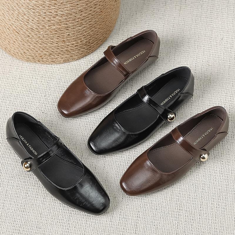 Grape Mother, the Same Style, One-word Buckle with Shallow Mouth Square Head Flat-soled Single Shoes, Women's Shoes, Spring Shallow Mouth Laden Shoes