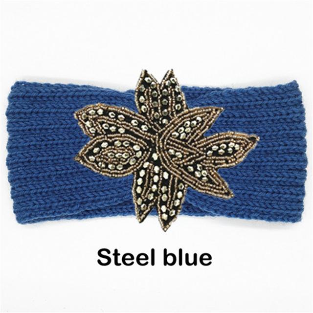 Crystal Beaded Flower Knit Headband For Women Winter Wool Ear Warmer Hairband Turban Headwrap Hair Accessories Bandeau