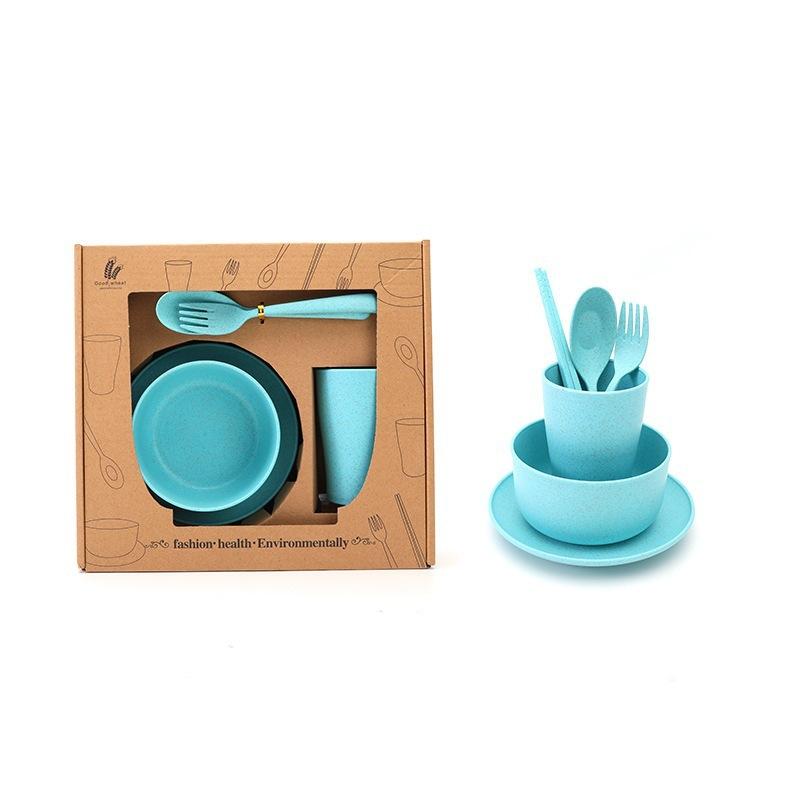 6Pcs Wheat Straw Dinnerware Set for Kids, Reusable Eco-Friendly Tableware Includes Bowl Plate Spoon Fork Chopsticks, Portable Gift Utensils