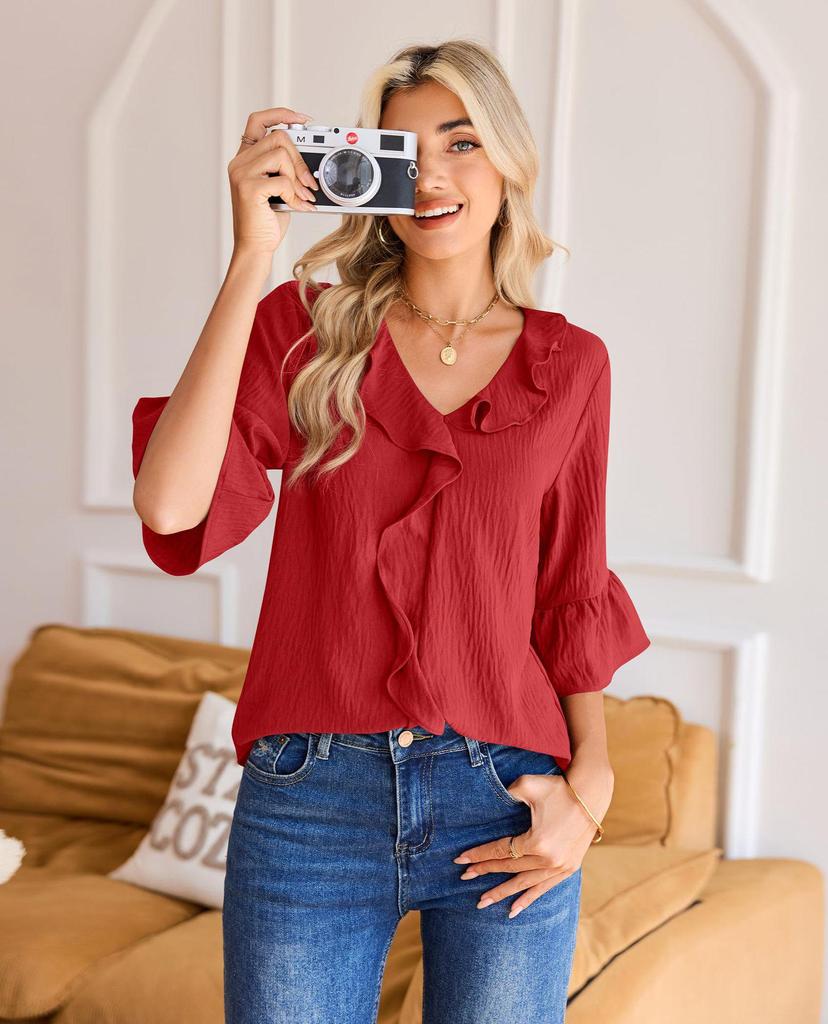 2026 Fashion Style 3/4 Sleeve Ruffle Lantern Collar Casual Top