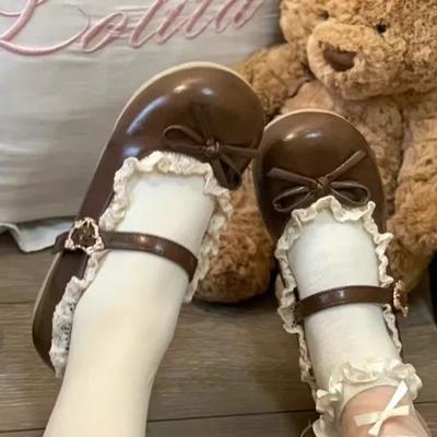 Fashion Sweet Lolita Best - Selling Brown Patent Leather Mary Jane Flats, Bowknot & Lace Trim, Ideal for Tea Party