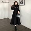 Elegant Fashion Autumn Winter Women Midi Dress O Neck Floral Knitting Corduroy Patchwork Dress Vintage Full Sleeve Warm Dress