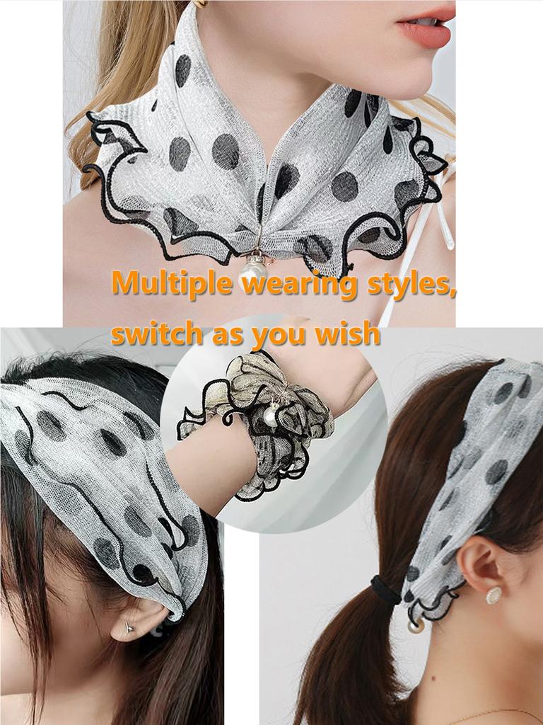 Women Gold Silk Ruffle Ring Scarf Fake Pearl Pendant Fashion Chiffon Neck Collar Thin Anti-UV  Neckerchief Hair Bandana Headban