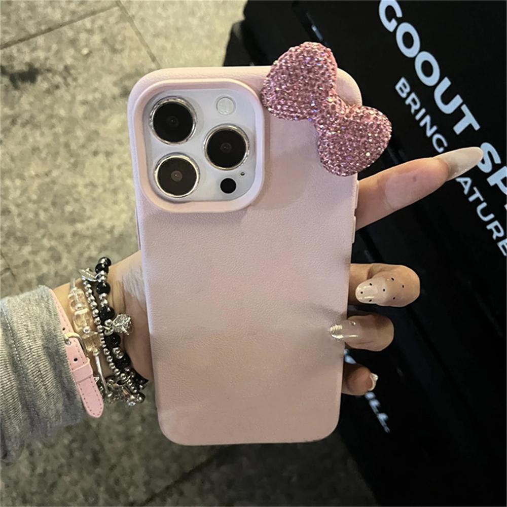 

Luxury Rhinestone Bowknot Litchi Pattern Leather Phone Case For iPhone 17 16 15 14 13 12 Pro Max Cute Shockproof Soft Cases For iphone 17Pro