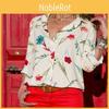 Tricou casual cu dungi și imprimeu floral, cu mânecă lungă, nasturi și decolteu în V, pentru femei, toamnă. Topuri pentru un stil și confort fără efort.
