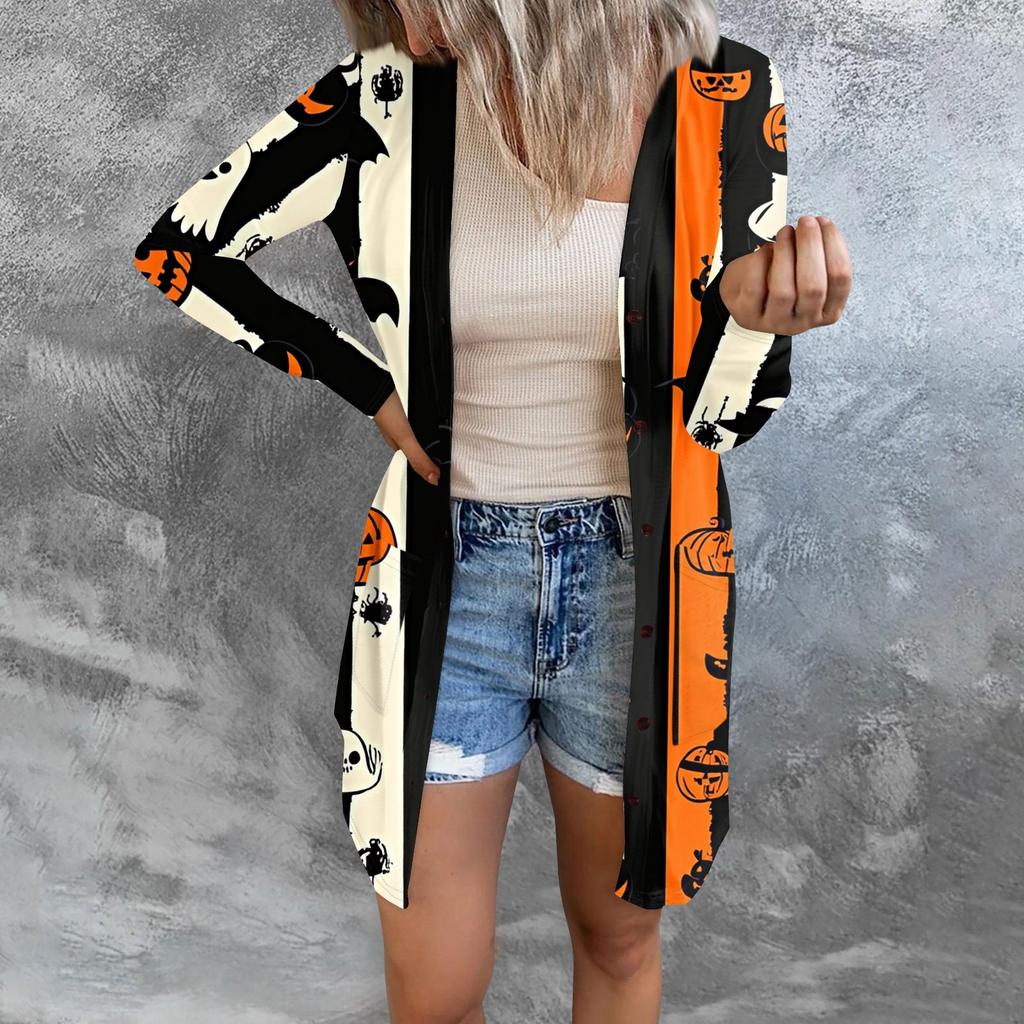 Women's Casual Cardigan Halloween Printed Long Sleeve Top With Pockets