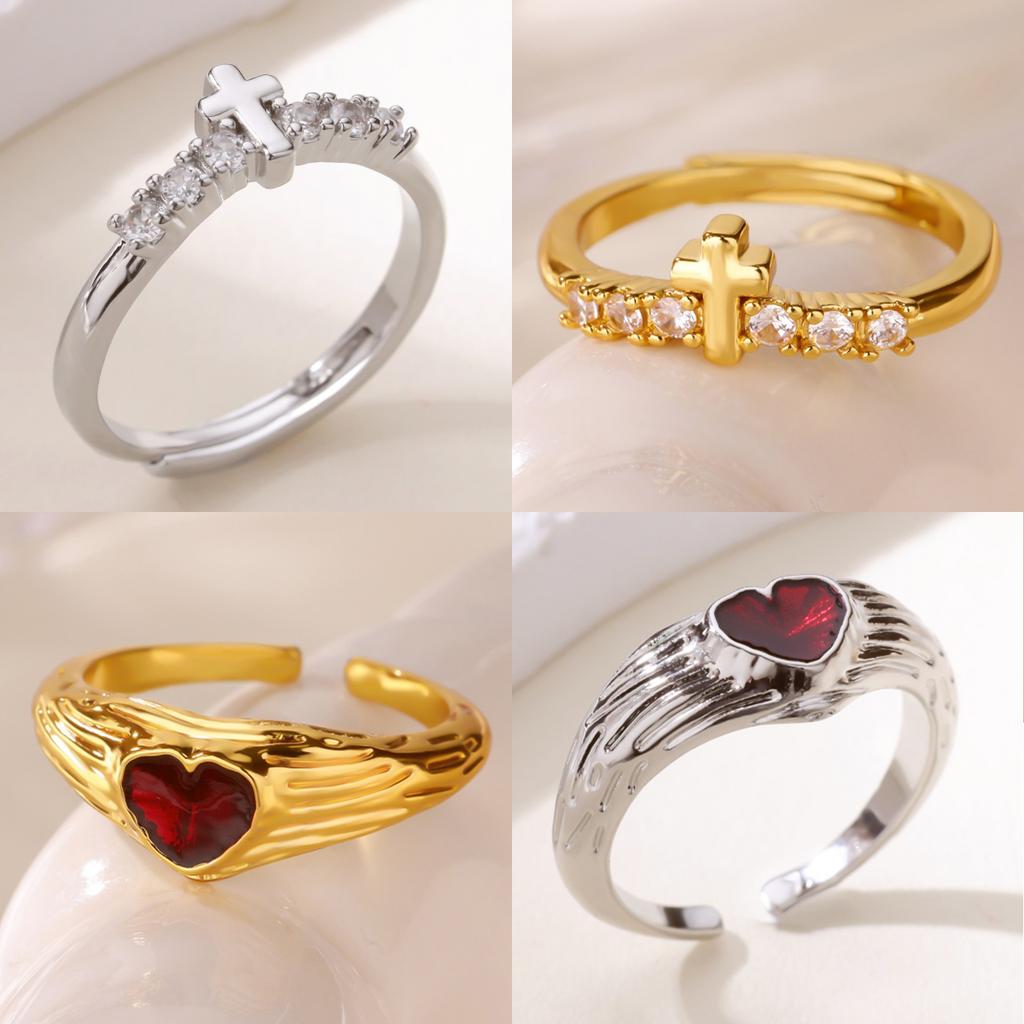 Red Zircon Shell Stainless Steel Heart Rings 18K Gold-plated Anti Fading Open Ring for Women Jewelry Vacation Accessories Gifts