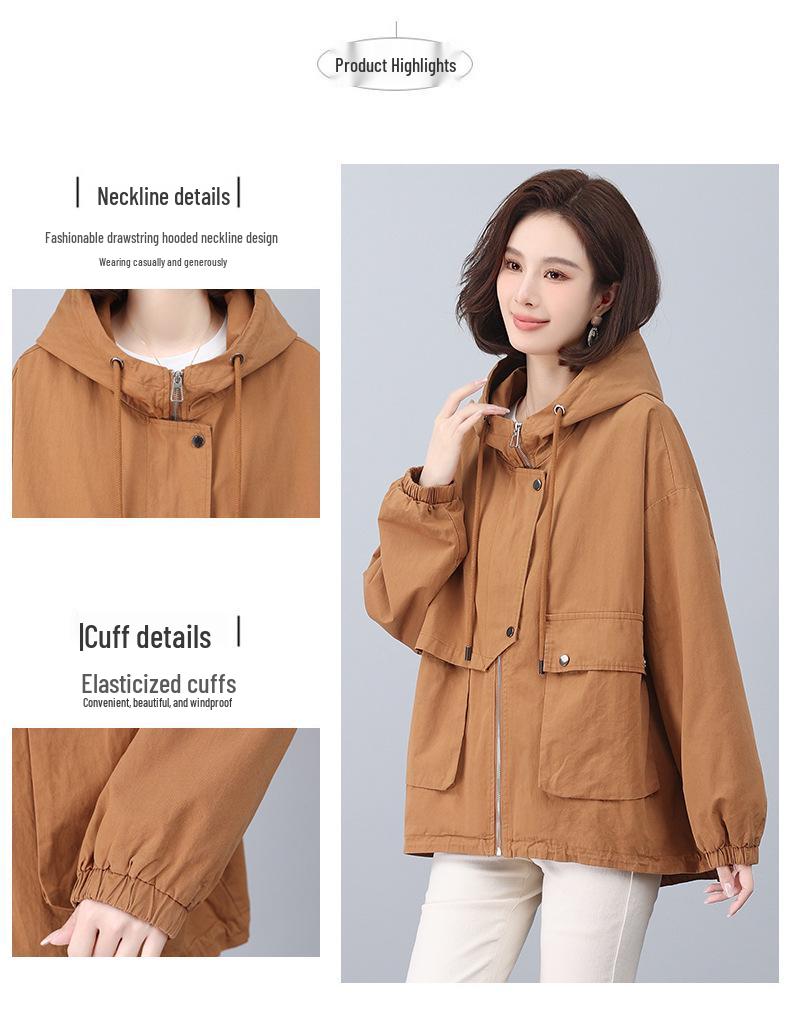 Stylish 2024 Women's Pure Cotton Hooded Jacket – Loose Fit, Plus Size, Casual Short Trench for Middle-Aged Moms