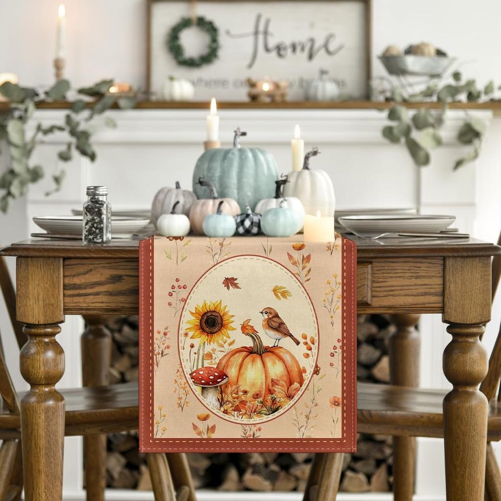 Artoid Mode Chinese Rural Style Pumpkin Bird Floral 210 GSM Fall Table Runner, Seasonal Autumn Kitchen Dining Table Decoration for Home Party Decor