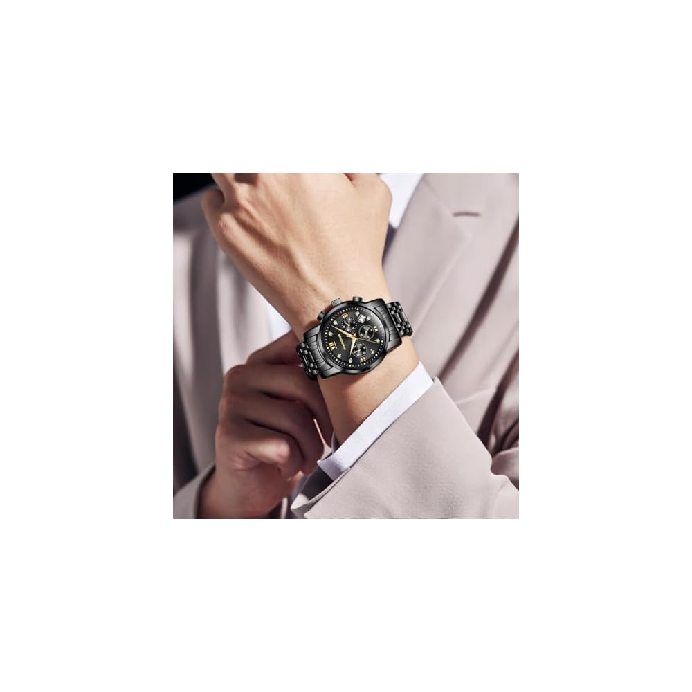PINDOWS Men's Analog Quartz Watch Diamond Business Dress Waterproof Luminous Date Two-Tone Stainless Steel Band Classic Fashion Watch