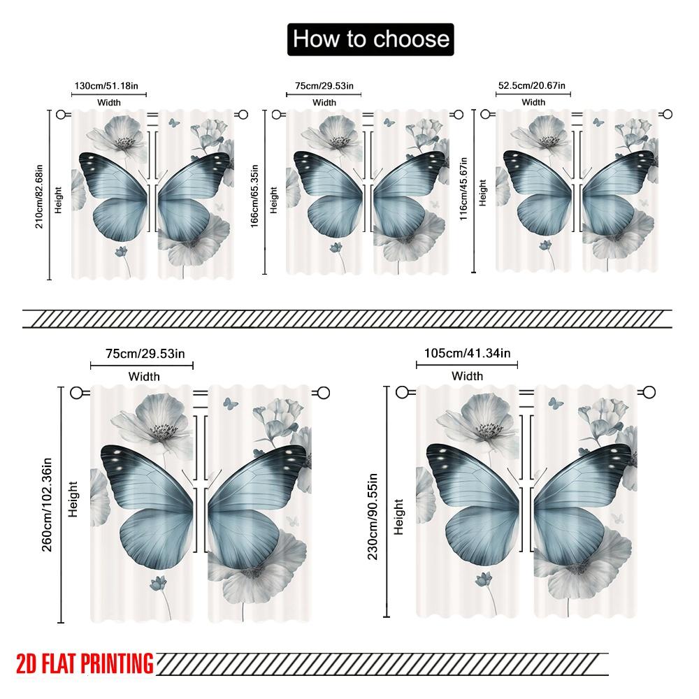 2pc  2D Plane Printing Light Filtering Curtains Blue Butterfly Bliss Durable Polyester (without Rod) Holiday for Bedroom Office