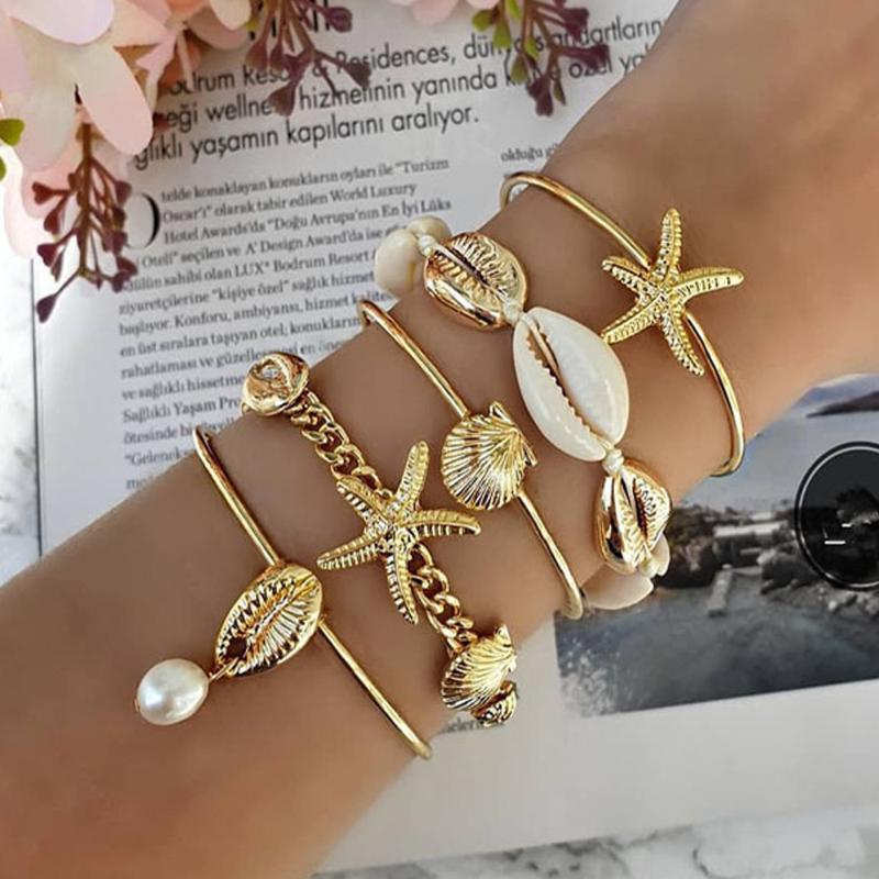 5Pcs Boho Summer Stackable Bangles Luxury Gold Color Starfish Shell Open Bangle Bracelet Set For Women Girls Beach Party Jewelry