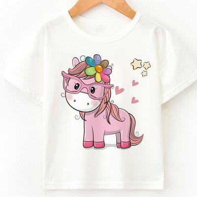 Cute Summer 2023 T Shirt Children Fashion Sunglasses Harajuku Unicorn Print T-Shirts  Summer Boy And Gir Tops Tees