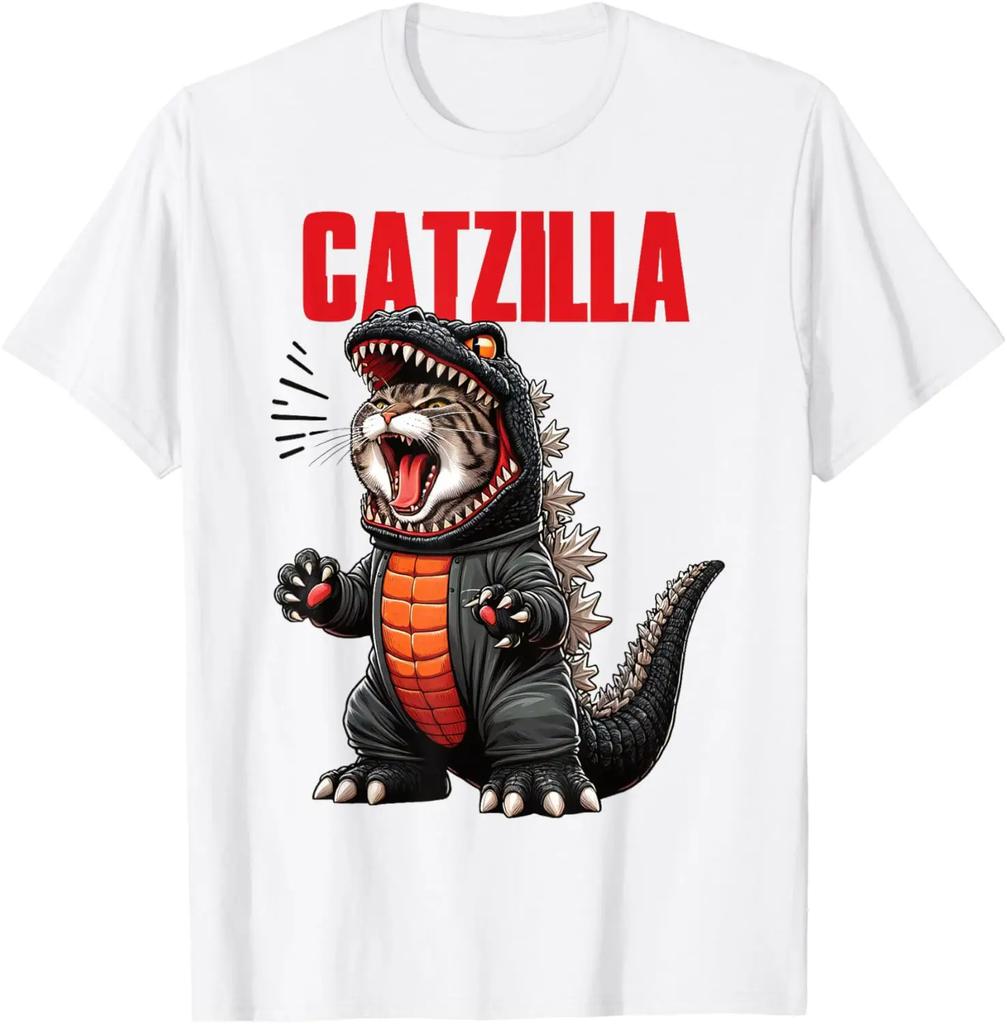 Funny Cartoon Comic Style Japanese Art Catzilla Cat Gifts for Women TShirt Unisex Cotton Oneck Tee Top Fashion Fitness T Shirt