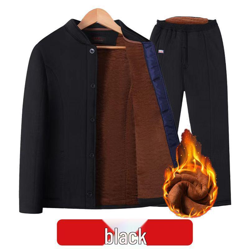 Men's Thickened Winter Cotton Padded Jacket & Pants Set for Seniors - Warm Velvet Lined