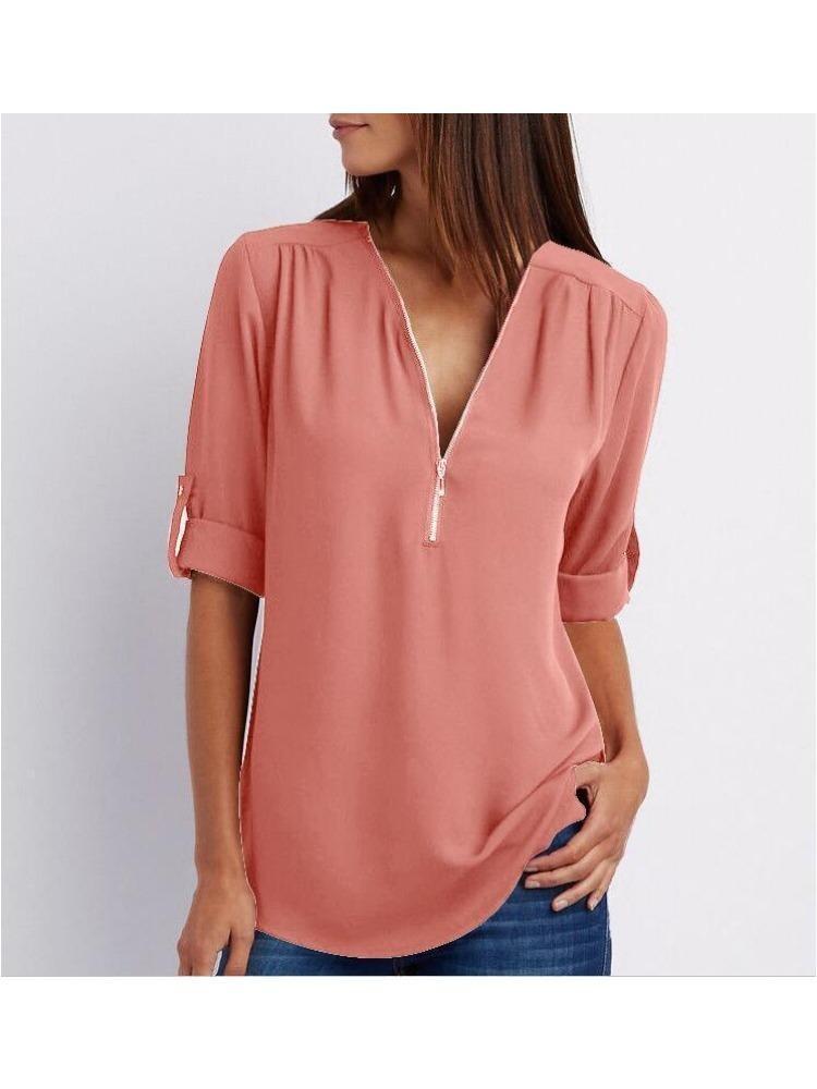 Women's Plus Size Loose Fit V-neck Chiffon Shirt with Long Sleeves and Adjustable Zipper