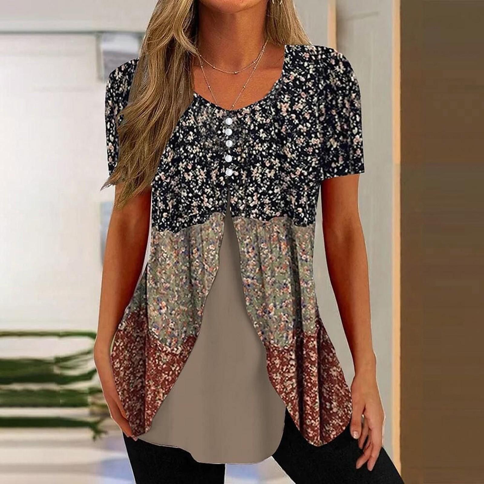 

Рубашки для женщин, топы с короткими рукавами, нарядные летние повседневные блузки с v-образным вырезом и нерегулярным подолом с принтом, футболки XXL светло-коричневого