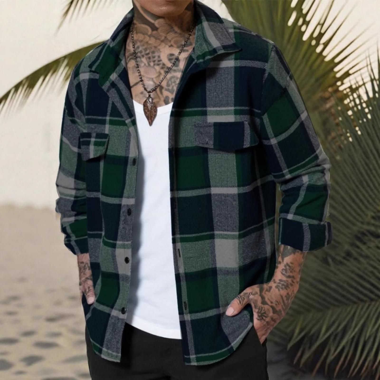 

Мужская повседневная рубашка с длинным рукавом - Клетчатая с отложным воротником, двумя карманами, на пуговицах, универсальная нарядная рубашка S зелёный