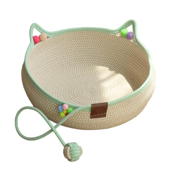 Decorative Pet Sleeping Basket Handwoven Cotton Rope Cat Bed, Scratchable Indoor Basket, Hand Woven Bed for Small Pets Breathable Round