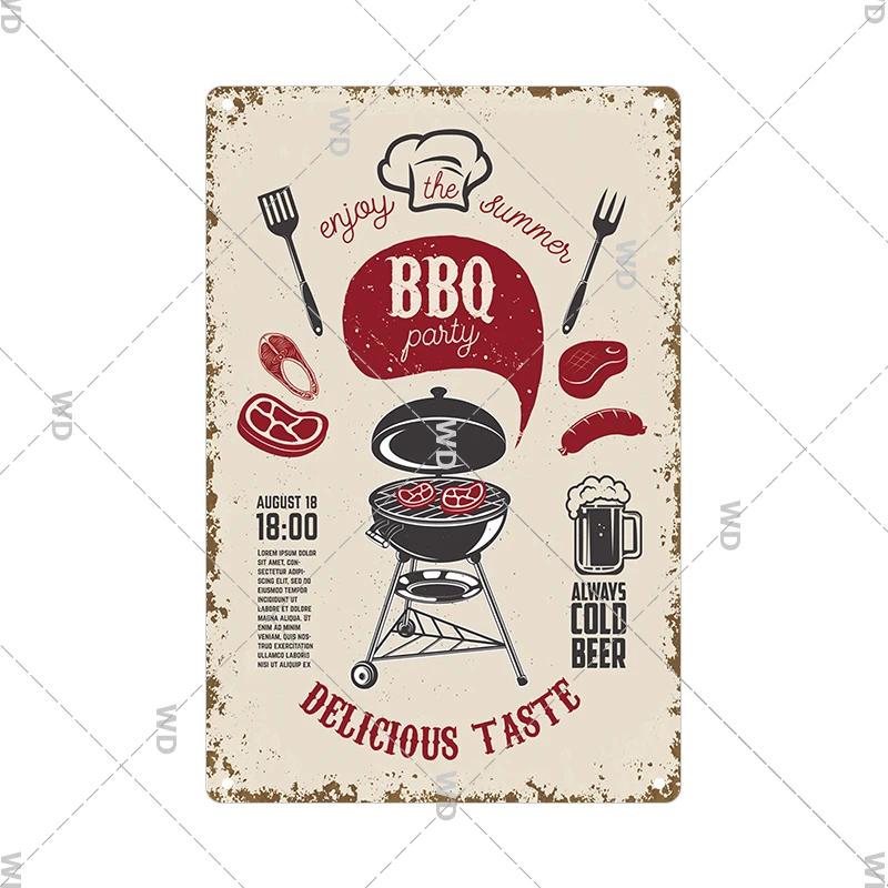 Dad's BBQ Party Metal Tin Plaque Retro Tin Signs Barbecue Rules Slogan Plate Vintage Grill Poster Yard Garden Kitchen Wall Decor