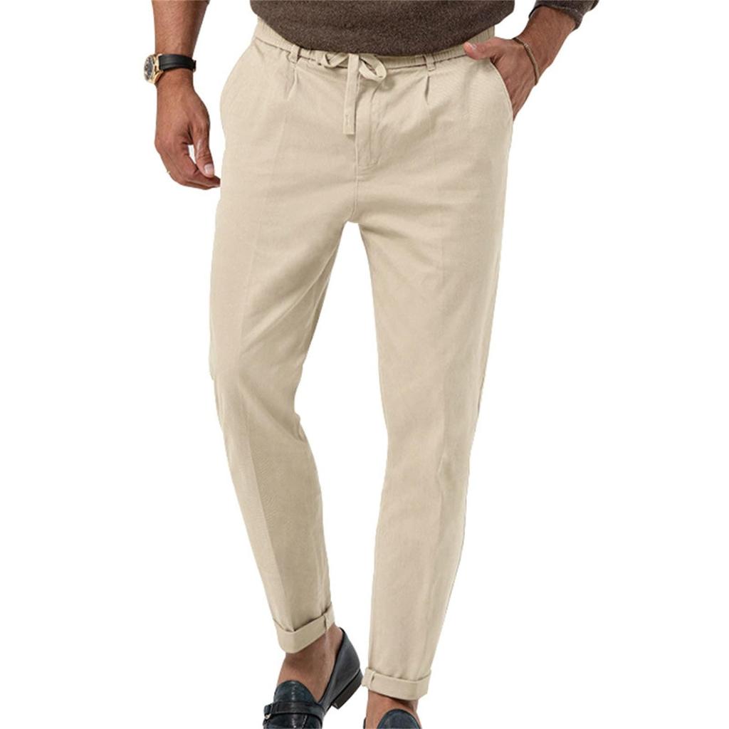 Mens Tapered Pants Casual Linen Pants Elastic Waist Slim Fit Beach Yoga Business Lightweight Cotton Trousers With Pockets