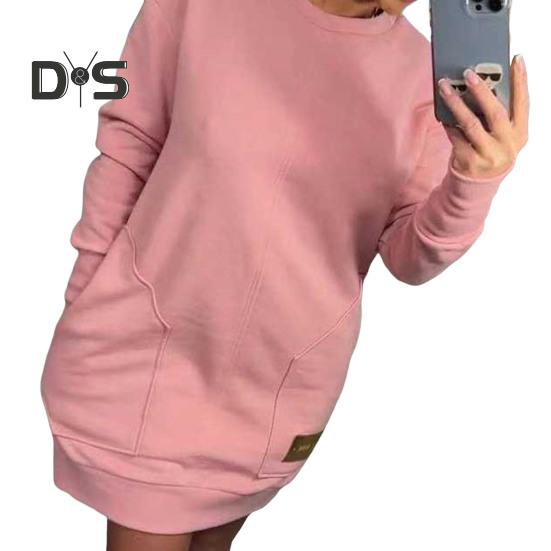 

Женское платье-свитшот с двумя карманами, круглым вырезом, длинными рукавами, однотонное свободное мини-платье, повседневная одежда, повседневное короткое платье M розовый