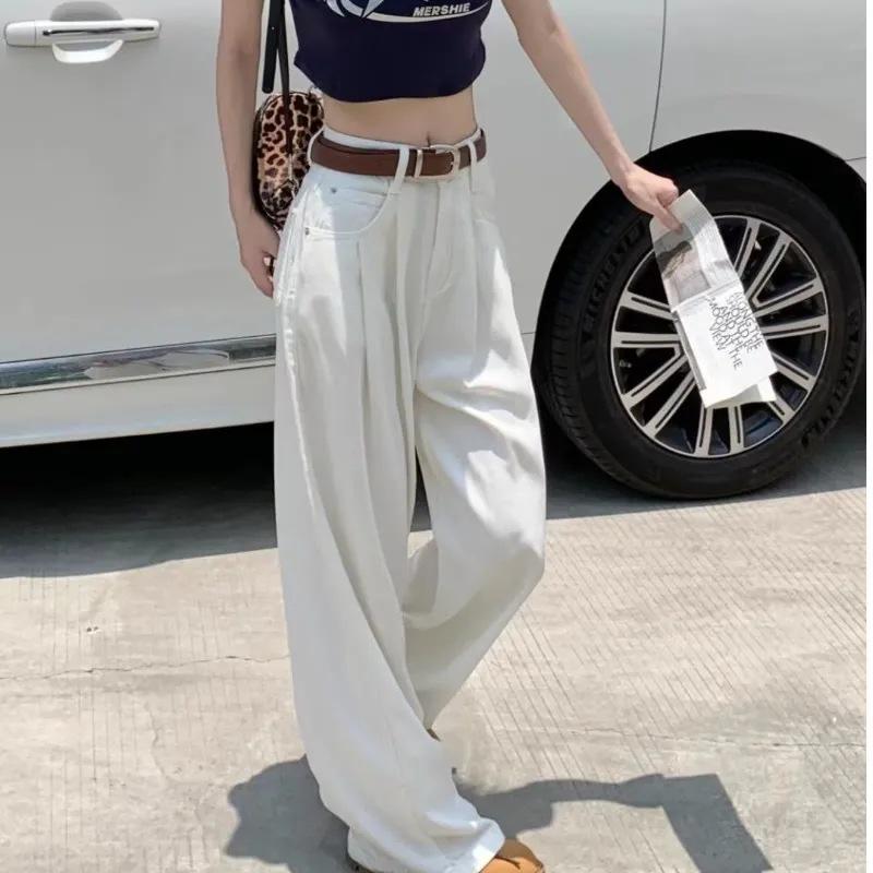 Nya Vita Högmidjade Veckade Vida Ben Jeans för Kvinnor i Större Storlekar - Vår/Sommar Smickrande Lösa Hängande Raka Ben Byxor