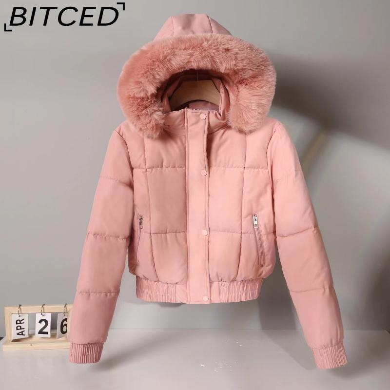 BITCED Women's Short-Length Puffer Coat Winter Fleece-Lined Thickened Cotton Jacket with Large Fur Collar Bread-Style Outerwear