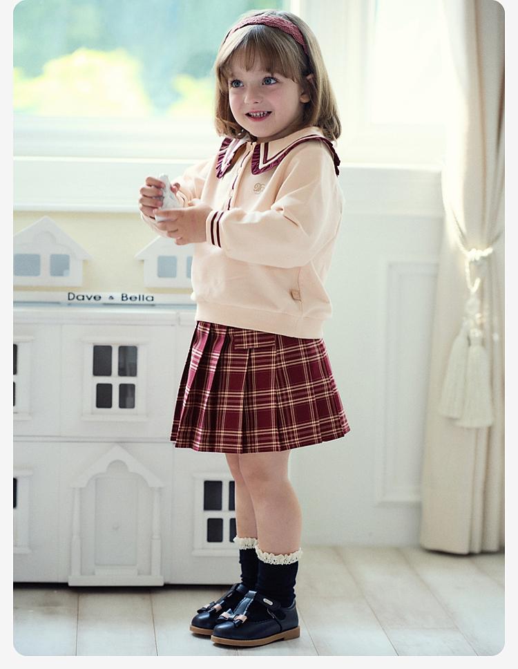 David Bella Girls' Half Skirt Set - Autumn Navy Collar Pleated Skirt Two-Piece