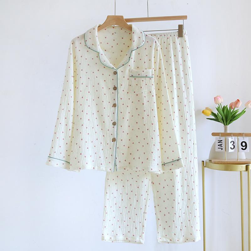 Rose Soft Pajamas Crepe Cotton Pajama Sweet Sleepwear Set Long Sleeved Homewear Skin-Friendly Simple Pyjamas