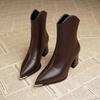 New Winter Lined Warm Ankle Boots Women Fashion Pointed Toe Chunky Heel Booties, Back Zipper Comfortable Short Boots