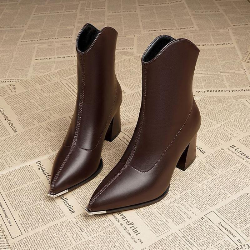 New Winter Lined Warm Ankle Boots Women Fashion Pointed Toe Chunky Heel Booties, Back Zipper Comfortable Short Boots