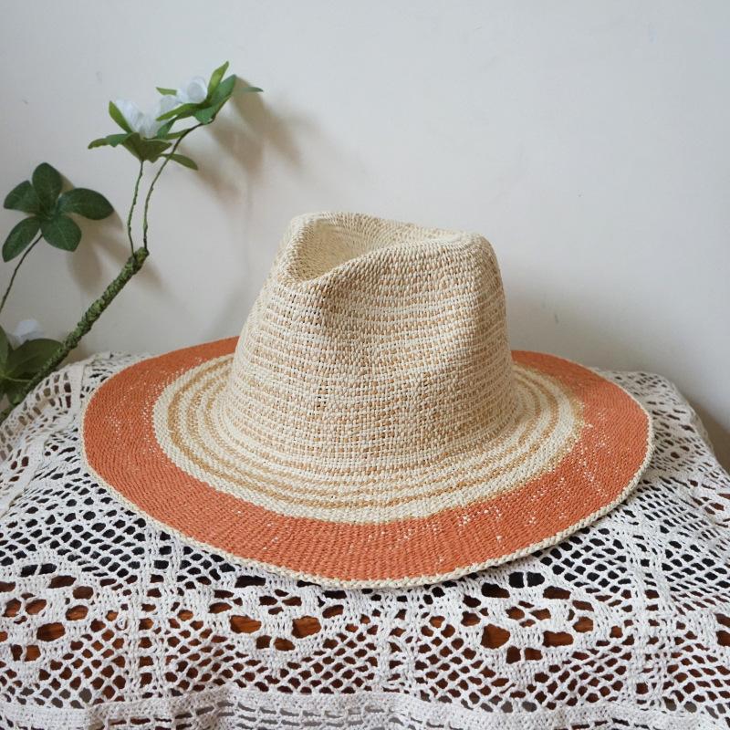 Korean Version Retro Orange Brown Striped Vacation Beach Jazz Top Hat Women'S Summer Sunshade And Sun Protection Travel Straw Hat