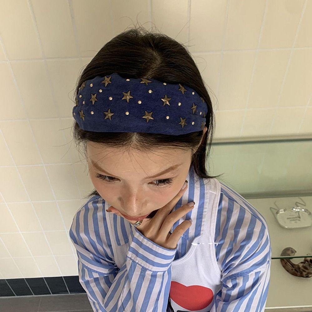 Colth Wide Star Rivet Headband Spicy Girl Retro Hair Hoop Wide Edge Hairband  Makeup