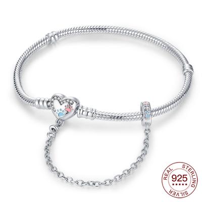 925 Silver Cat Paw Bracelet Pink Blue Heart Safety Chain For Women Charm Beads Jewelry Love Gifts