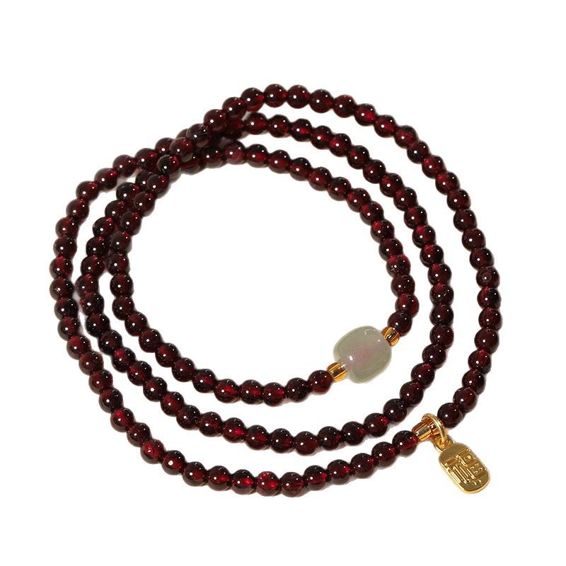 Exquisite Women's Garnet & Hetian Jade Three-Circle Lucky Bead Bracelet