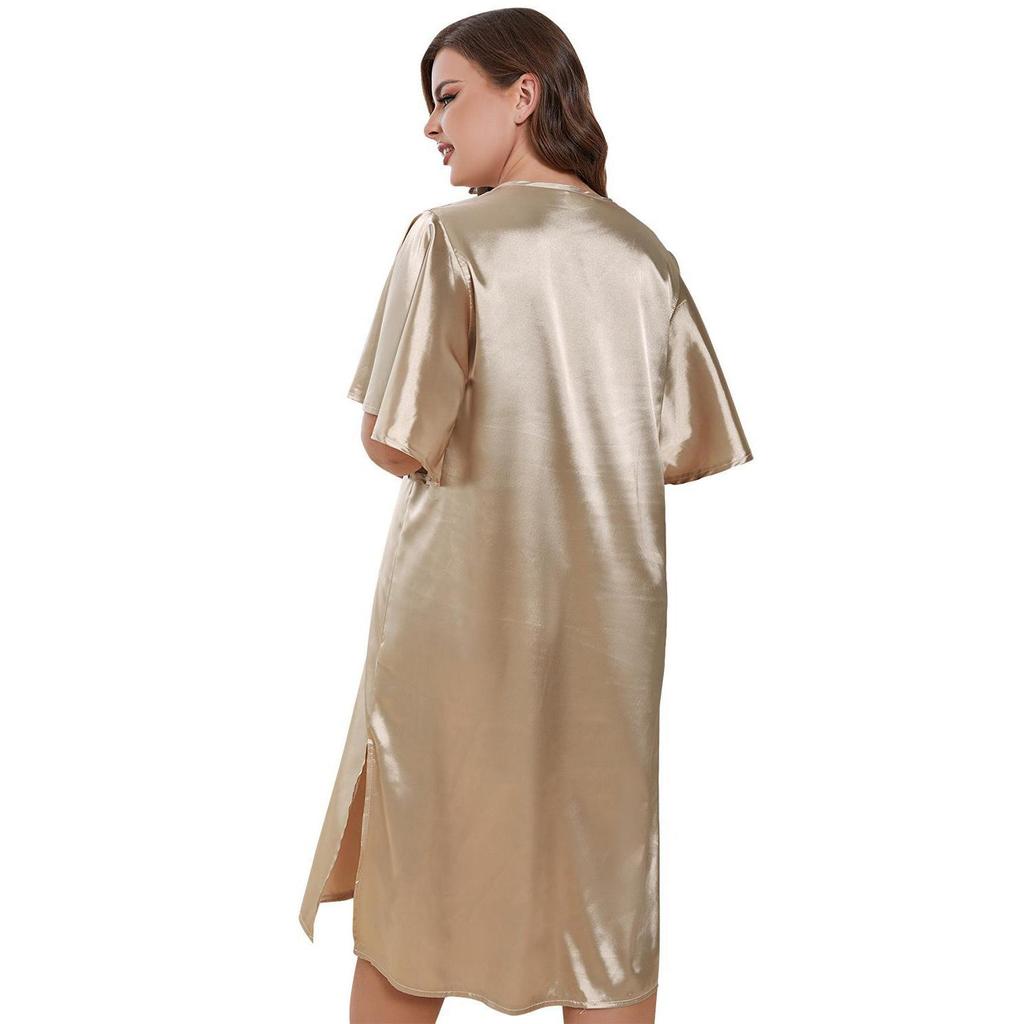 Women’s Nightgowns Simulation Silk Plus Size Sleepshirts Short Sleeves Satin Sleep Lounge Wear Large Pajamas Dresses 1XL-4XL Home Clothing KTB