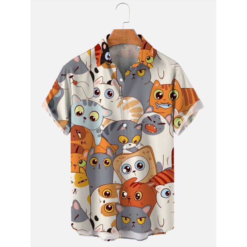 Hawaii Men's Shirt Anime Shirt Cartoon Short-sleeved Tops Summer Casual Men's Clothes Street Animals Cats Retro 3d Tees