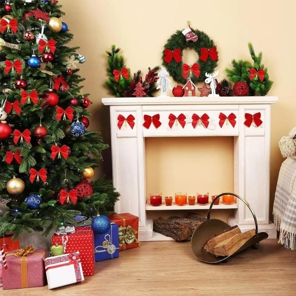 12pcs Flocking Xmas Tree Ornaments Bowknot Pendant Christmas Decorations  Home Decoration