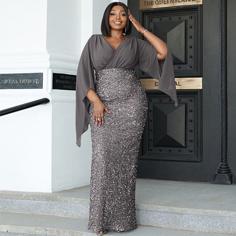 Cross-Border Fashion Plus Size Temperament Sexy Long Sequin V Neck Long Sleeves Banquet Evening Dress Bridesmaid Dress Dress Women