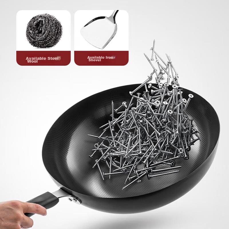 Wok Iron Pan 30CM, Compatible with Gas And Induction Stoves, Non-Coated, Suitable for Metal Spatula, MDB-30