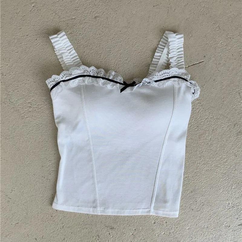Damen Sweet Spitze Besatz Camisole Hellblau Rüschen Träger Figurbetont Ärmellos Oberteil