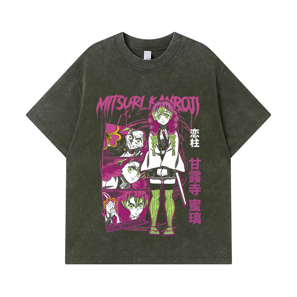

275 GSM Washed T-shirts 100% Cotton Demon Slayer V50 Mitsuri Print Unisex Heavy Cotton T Shirt S армия зеленый