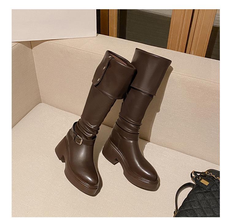 Women's Chunky Heel Over-the-Knee Slouchy Boots with Buckle and Fold-Down Collar