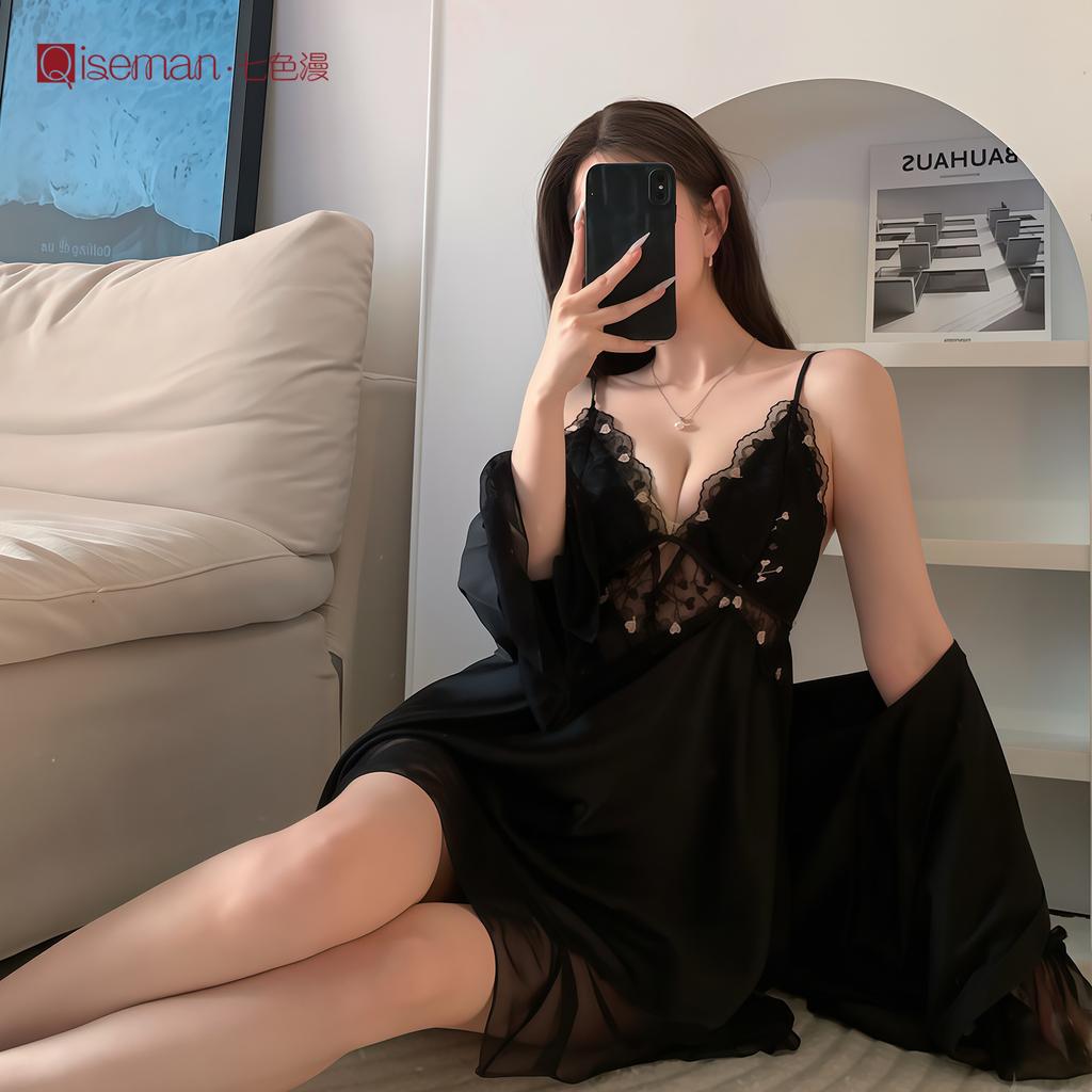 Sexy with chest pad, suspender, ice silk nightdress, female Xia Chun wants the wind, high-end lace, female pajamas, thin loungewear