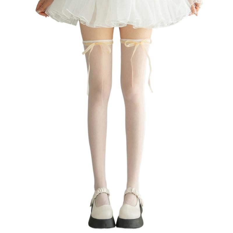 

Japanese Cute Lace Up Silk Over Knee Long Socks for Women JK Girl Sweet Ribbon Bowknot Thin Thigh High Stockings Hosiery білий